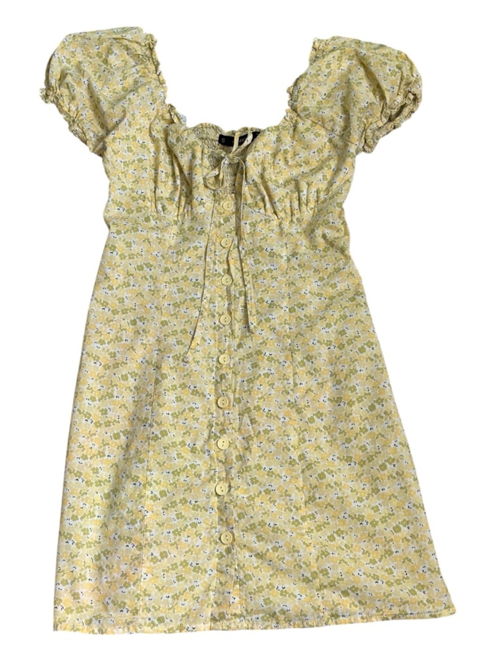 Yellow Floral Button-Down Mini Dress with Puff Sleeves